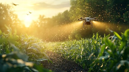 Poster - a photograph of a futuristic agricultural drone spraying crops in a field linked to an advanced netw