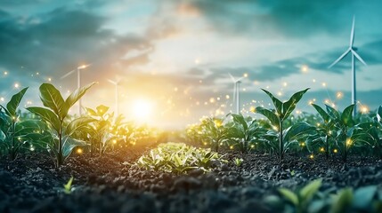 Poster - futuristic farmland landscape with solar panels wind turbines and smart agricultural equipment all c