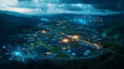 Poster - futuristic farmland with solar panels wind turbines and smart automated equipment all connected thro