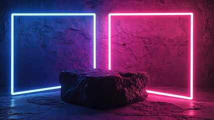 Aufkleber - Neon-lit geometric shapes with stone in an underground setting, futuristic art concept