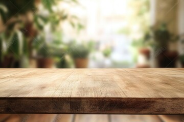 Wall Mural - Wooden tabletop with a blurred green background.