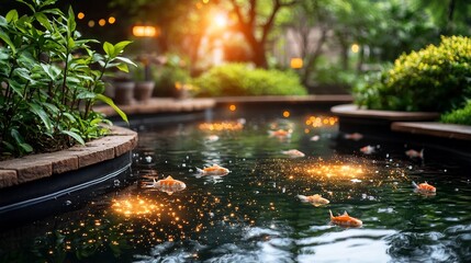 Poster - photograph of a large tranquil fish pond surrounded by a network of smart water sensors integrated i