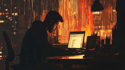 Aufkleber - Focused Man Working Late at Night on Laptop in Cozy Workspace