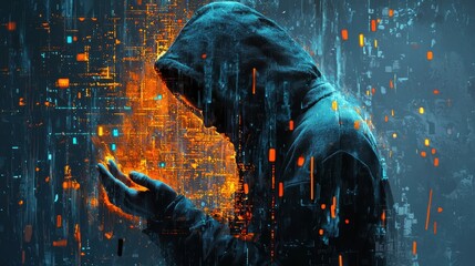 Poster - Mysterious Figure in Hoodie Surrounded by Digital Data Streams