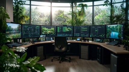 Poster - futuristic control room with holographic displays monitoring multiple fish ponds in real time