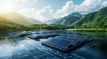 Poster - aerial view of a futuristic floating solar powered fish farming with a digital sensor network and da