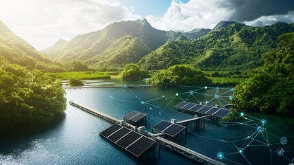Poster - aerial view of a fish farming area with floating solar panels powering a network of connected sensor