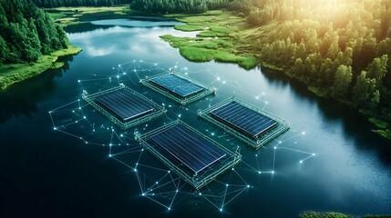 Poster - futuristic digital fish farming with solar powered smart sensors and connectivity overlays visualizi