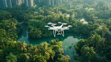 Poster - aerial photograph of a drone hovering over a series of fish ponds collecting environmental data and 