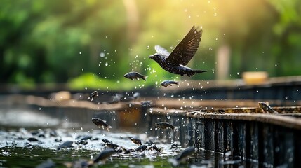 Poster - aerial photograph of a drone hovering over a series of fish ponds capturing data and transmitting it