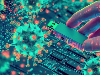 Poster - Digital Virus Threats with USB Drive and Computer Circuit Background