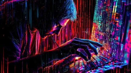 Fototapete - Vibrant Digital Art of a Coder Working Intently at a Laptop