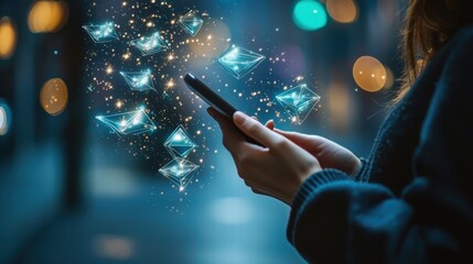 Poster - Hands Holding Smartphone with Floating Email Icons and Light Effects
