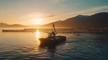 Poster - aerial view of a large scale aquaculture farm with connected systems for feeding water control and o