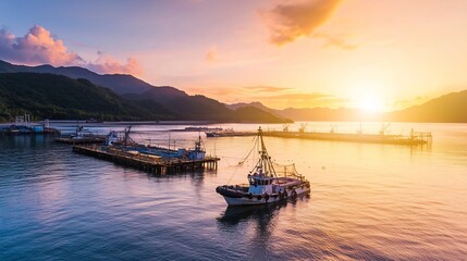 Poster - aerial view of a large modern aquaculture farm at sunrise with connected systems for feeding and wat