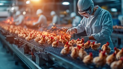 Poster - a photograph showcasing a futuristic chicken farm with automated feeding systems sensors and a smart