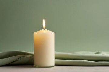 Wall Mural - there is a lit candle sitting on a table with a green cloth