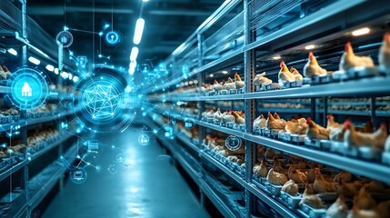 Poster - futuristic indoor chicken coop with advanced climate control and automated systems visualized with d