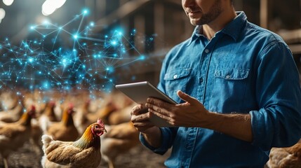 Poster - Technician using a tablet to monitor a smart chicken farm with holographic displays showing network connectivity and data analytics leaving copy space at the top left for text overlay