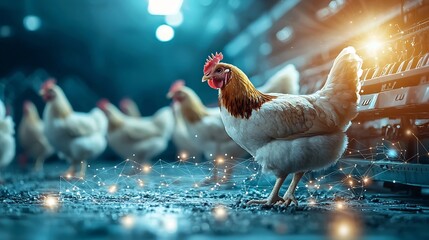 Poster - chickens feeding in an advanced automated agricultural system connected to an iot network for real t