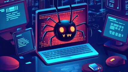 Poster - Digital Spider Attacking Computer With Coding and Data Elements