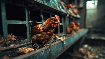 Poster - aerial view of an automated chicken farm with advanced feeding and watering systems connected to a s
