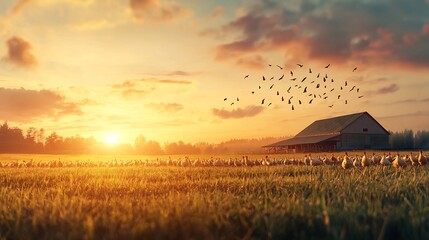 Poster - futuristic chicken farm automation with integrated sensors and robotic systems at sunset advanced di