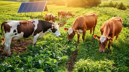 Poster - a photograph of a futuristic dairy farm with solar panels and smart equipment integrated into a sust