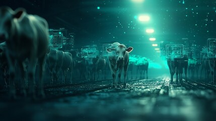 Poster - cows grazing in a high tech feeding area equipped with advanced health monitoring systems that are c