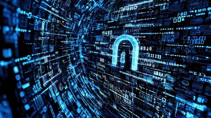 Poster - Futuristic Digital Tunnel with Cyber Security Concept and Glowing Lock