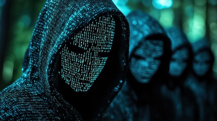Poster - Mysterious Figures with Digital Patterns in Forest Environment