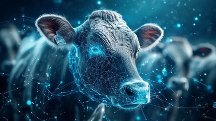 Poster - cows in a cutting edge high tech feeding area equipped with advanced health monitoring systems conne