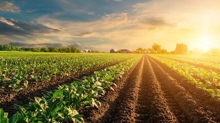 Poster - sustainable dairy farm at sunrise with automated systems sensors and a glowing agricultural network 