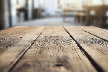 Wall Mural - Close-up of a rustic wooden table in a bright space.