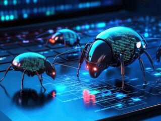Poster - Futuristic Robotic Insects Crawling on Computer Keyboard