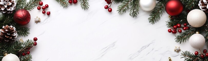 Wall Mural - christmas festive holiday decoration with a border of pine branches, red berries, and various christ
