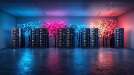  - Visually stunning image depicting vibrant glowing lines representing the dynamic data flow and network activity between server racks
