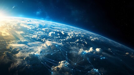 Poster - Aerial view of Earth s atmosphere showcasing a digital network of satellite systems and communication channels