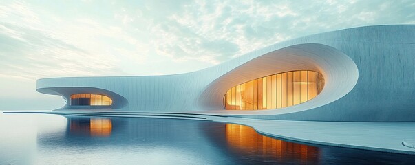 Aufkleber - Futuristic Minimalist Architectural Landscape Concrete Building Interior Exterior Open Space Courtyard with Curved Walls
