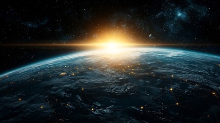 Poster - Aerial photograph of planet Earth s atmosphere as seen from space with digital network lines and connections between satellite systems leaving copy space at the top for text overlay