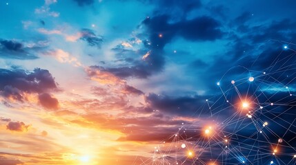 Poster - serene sky with multiple glowing nodes visualizing an interconnected atmospheric monitoring network 