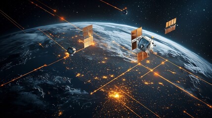 Poster - satellites orbiting earth connected by glowing lines representing a global atmospheric monitoring ne