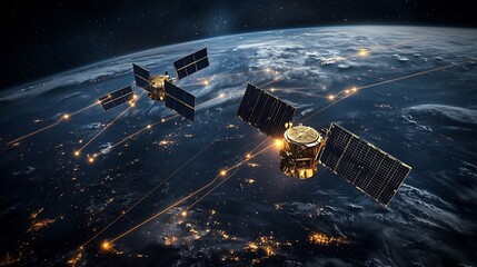 Poster - satellites orbiting earth connected by a glowing global atmospheric monitoring network leaving copys