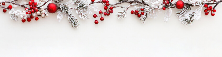 Wall Mural - christmas festive holiday decoration with a border of pine branches, red berries, and various christ