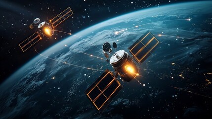 Poster - a satellite network orbiting earth with glowing lines representing a global atmospheric monitoring s