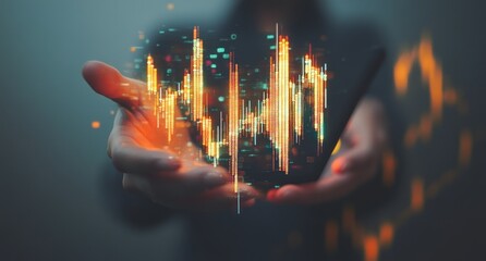 Poster - Hands holding glowing digital stock market graph.