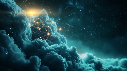 Poster - dramatic atmospheric clouds visualize intricate interconnected weather systems leaving ample copy sp