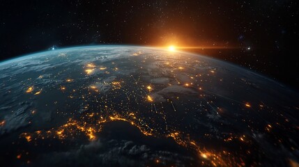 Poster - a photograph of earth s horizon from space layered with glowing digital lines representing atmospher