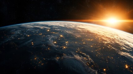 Aufkleber - Aerial Photograph of Earth s Horizon Layered with Glowing Digital Lines Representing Atmospheric Data Networks and Connectivity Infrastructure