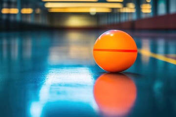 Poster - Orange ball on reflective floor in indoor arena.